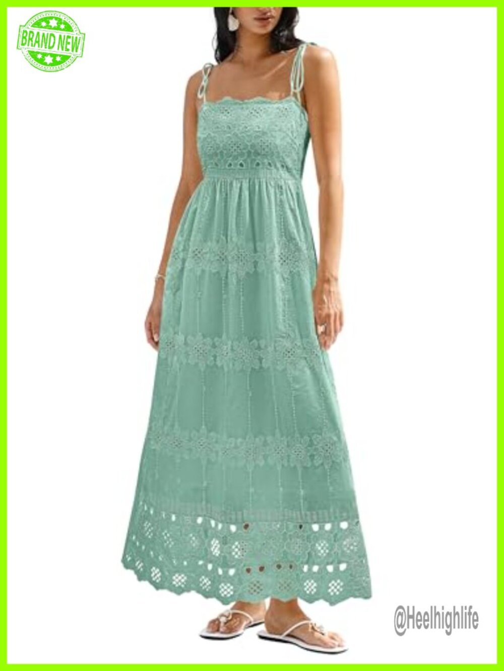 Spaghetti Strap Eyelet Cotton Boho Maxi Dress with Pockets